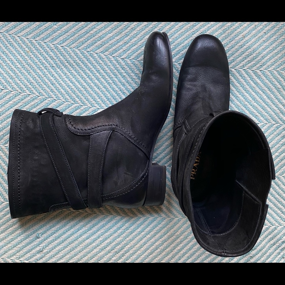PRADA Black Leather Moto Style Ankle Boots - Picture 14 of 16